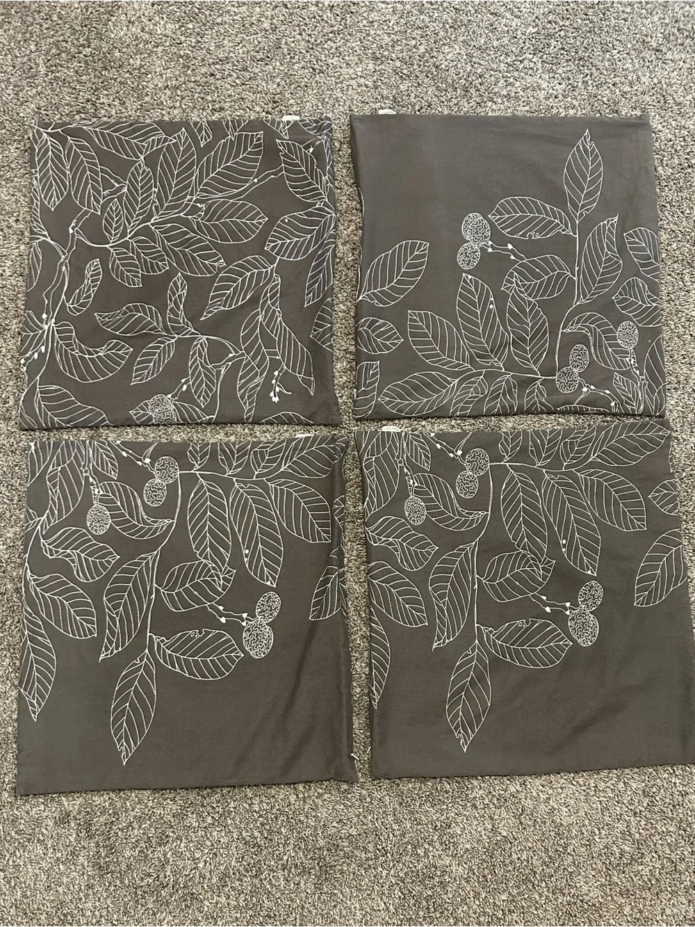 Set of 4 Gray Decorative Pillow Covers with White Leaf Print